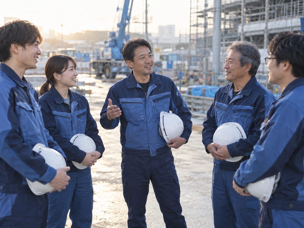 現場で輪になって朝礼をする社員たち