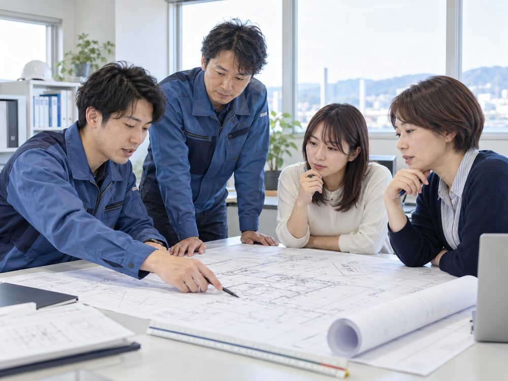 オフィスで図面を囲んで打ち合わせをする社員たち