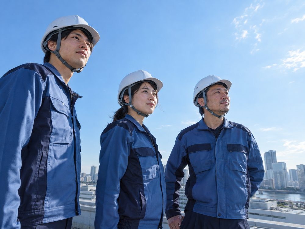 屋上で街を見渡す3人の社員
