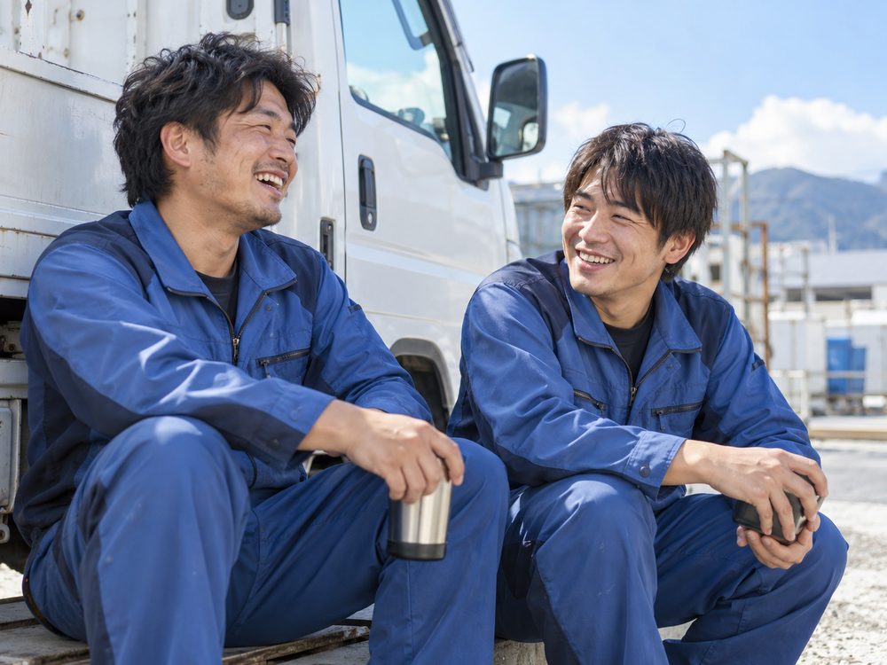 休憩中に作業車の横で笑い合う2人